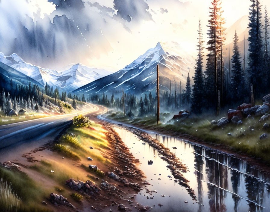 Tranquil landscape with winding road, forested mountains, and reflective puddles at sunrise or sunset