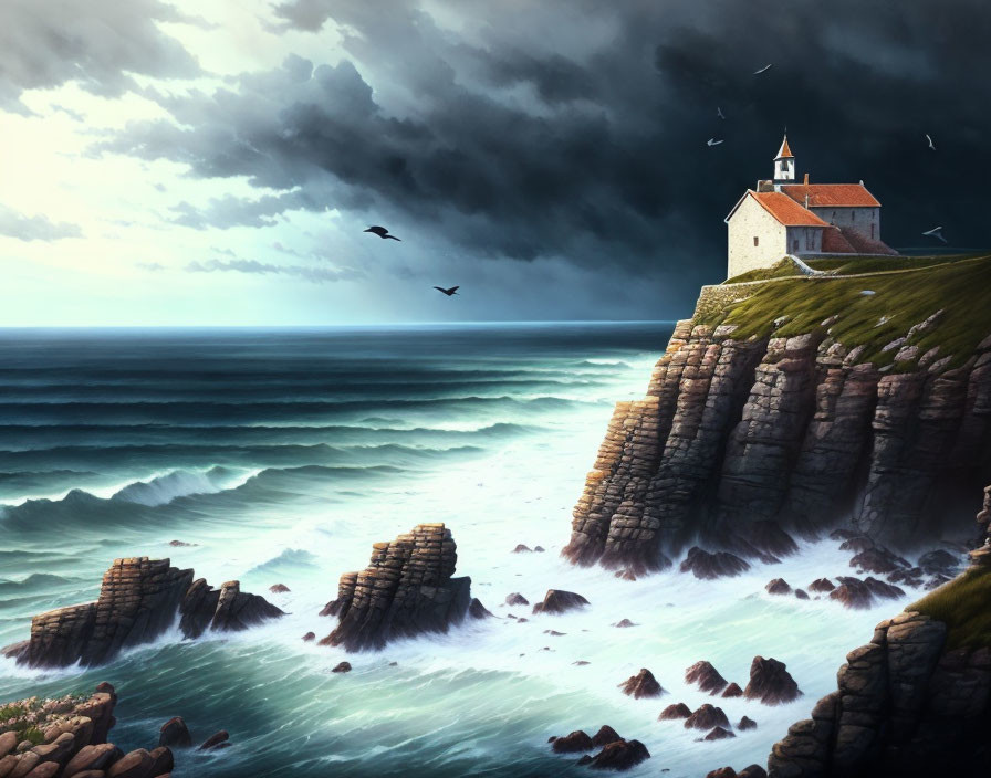 Stormy sky lighthouse on rugged cliffs with ocean waves and birds.