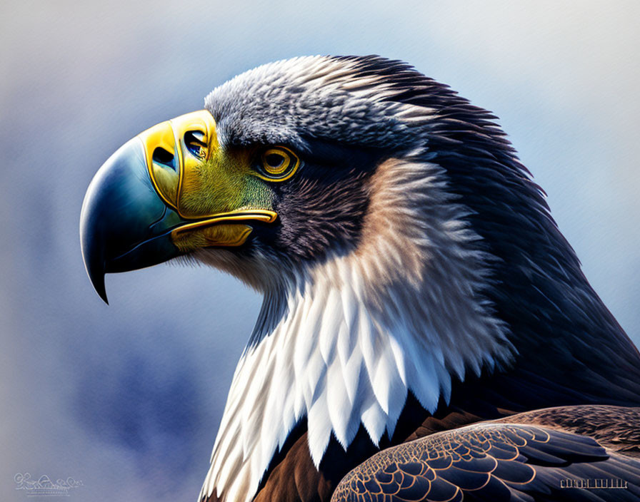 Detailed Bald Eagle Digital Artwork: White Head Feathers, Dark Brown Body, Yellow Beak