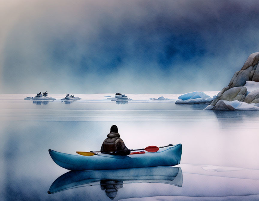 Kayaker navigating icy waters with floating icebergs under misty blue sky