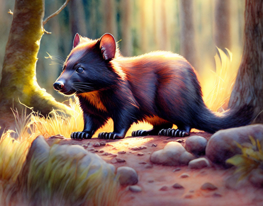 Colorful Pine Marten Illustration in Sunlit Forest