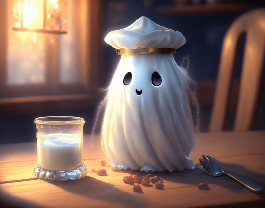 Cute cartoon ghost chef with milk, cookies, and spoon in warm sunlight