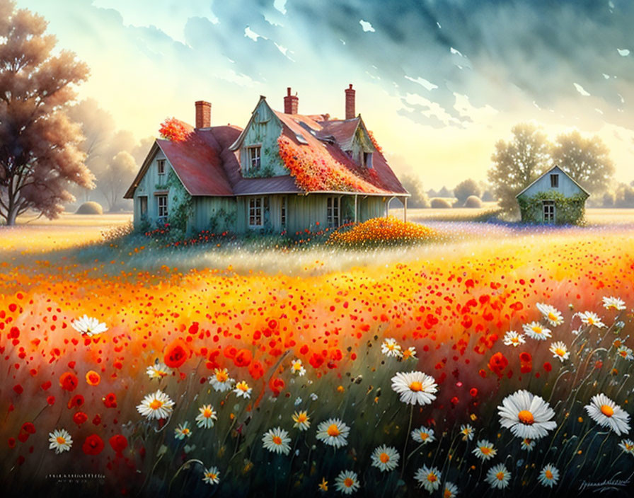 Quaint house in vibrant poppy and daisy field at dawn