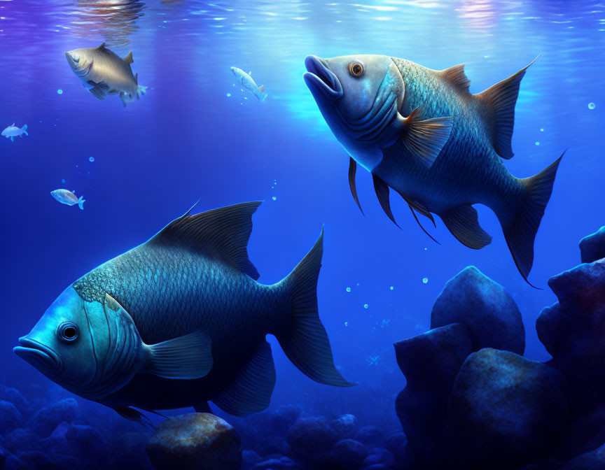 Underwater scene: Two large fish, smaller fish, rocks, and light rays in deep blue ocean