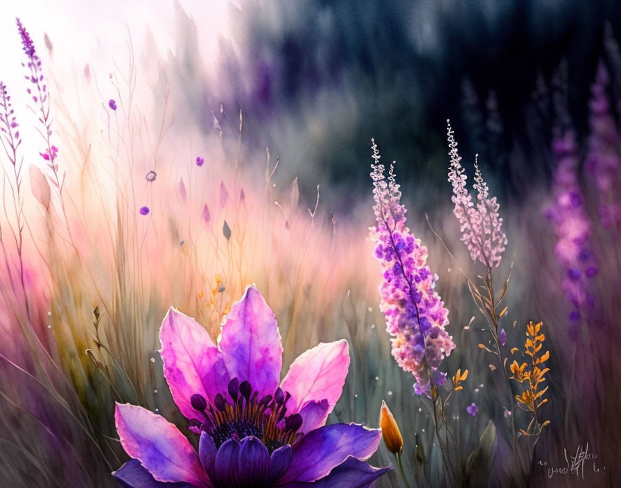 Purple Flower Digital Painting in Mystical Meadow