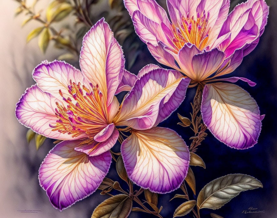 Pink and Purple Blossoms with Yellow Stamens on Soft-focus Background