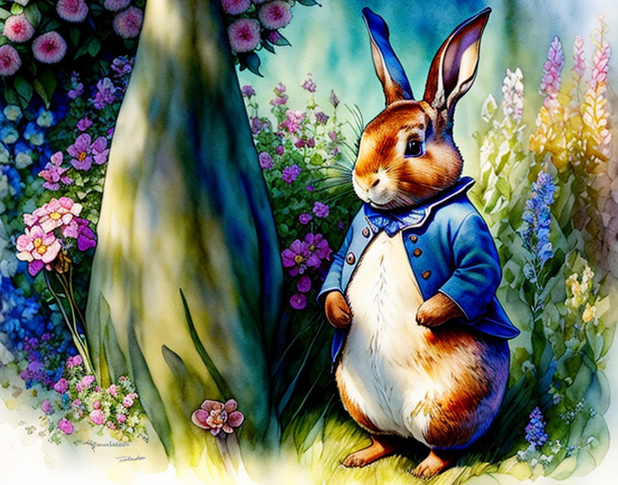 Anthropomorphic rabbit in blue coat by vibrant flowers and tree