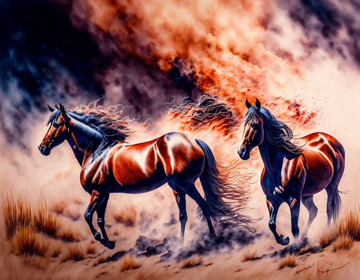 Majestic horses galloping in fiery skies and amber grasslands