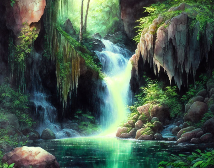 Tranquil forest scene: waterfall, serene pond, sunbeams