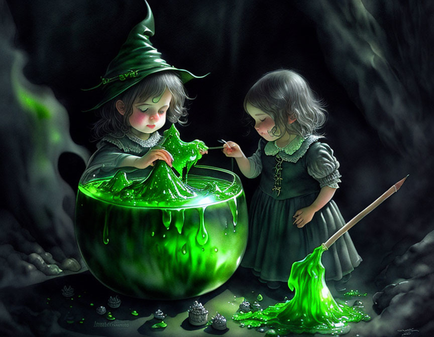 Young witches brewing green potion in cauldron with magical elements and potion book in dark cave