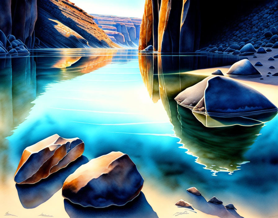 Tranquil Blue River in Canyon with Towering Cliffs