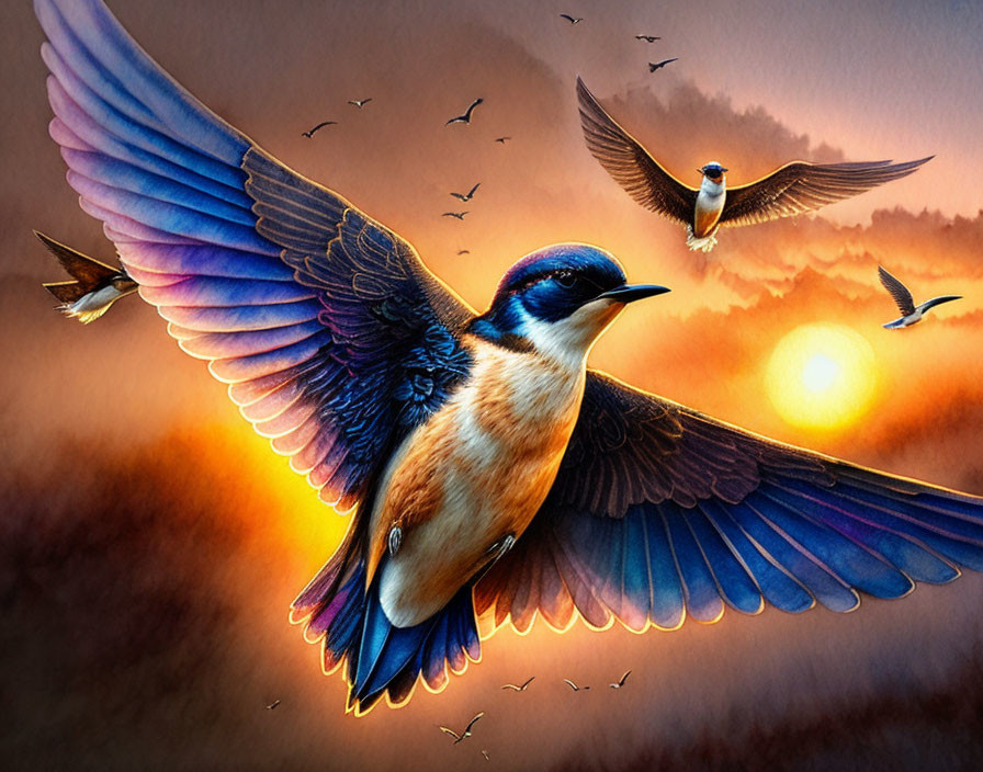 Colorful bird with outstretched wings flying at sunset