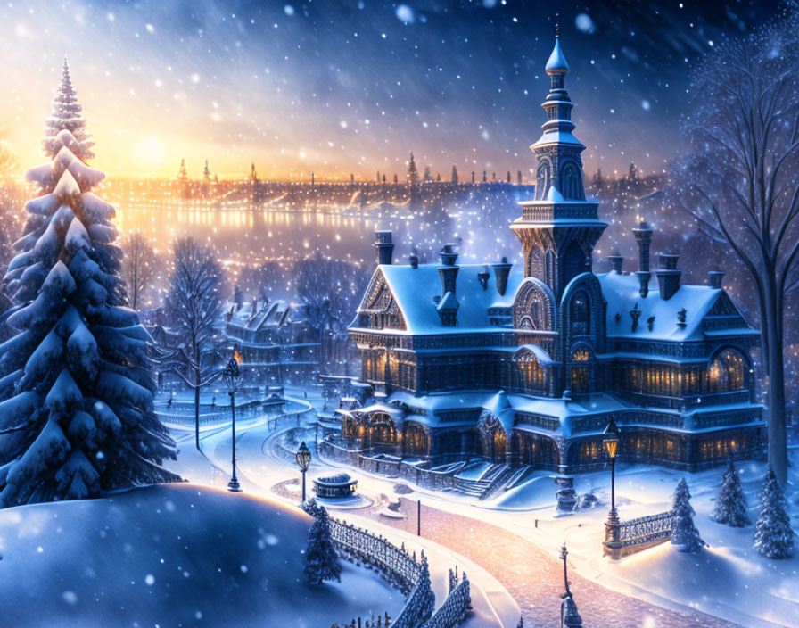 Snow-covered Victorian-style castle in twilight winter scene