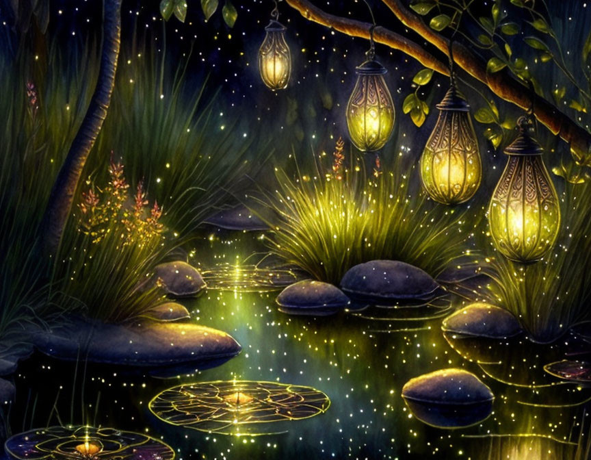 Night Scene: Lanterns Illuminate Pond with Stepping Stones