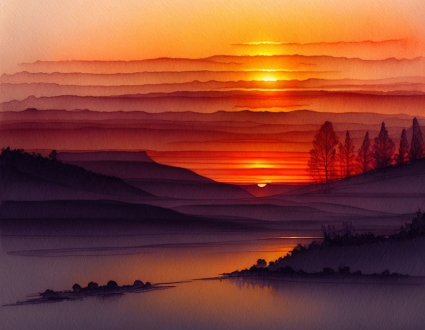 Layered sunset over silhouetted mountains and calm lake in watercolor