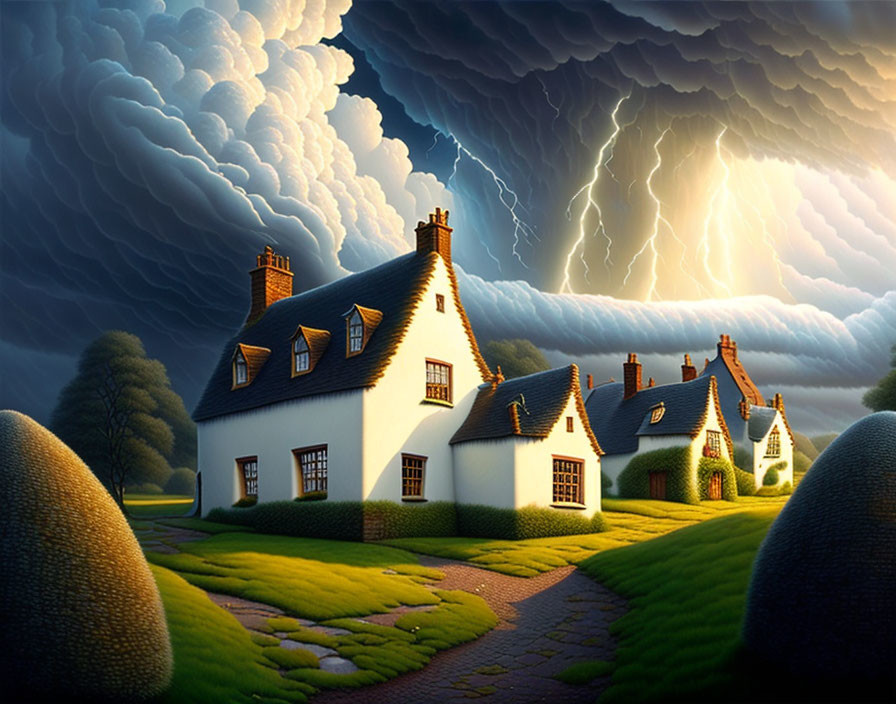 Traditional cottages under stormy sky and lightning, set against sunny green hills