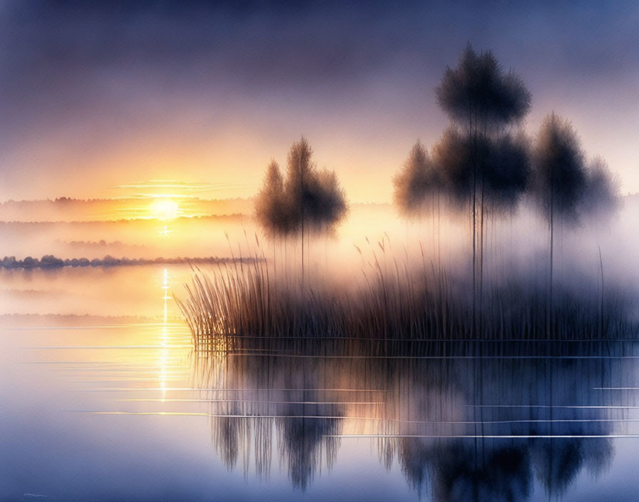 Tranquil sunrise over misty lake with silhouettes of reeds and trees reflected