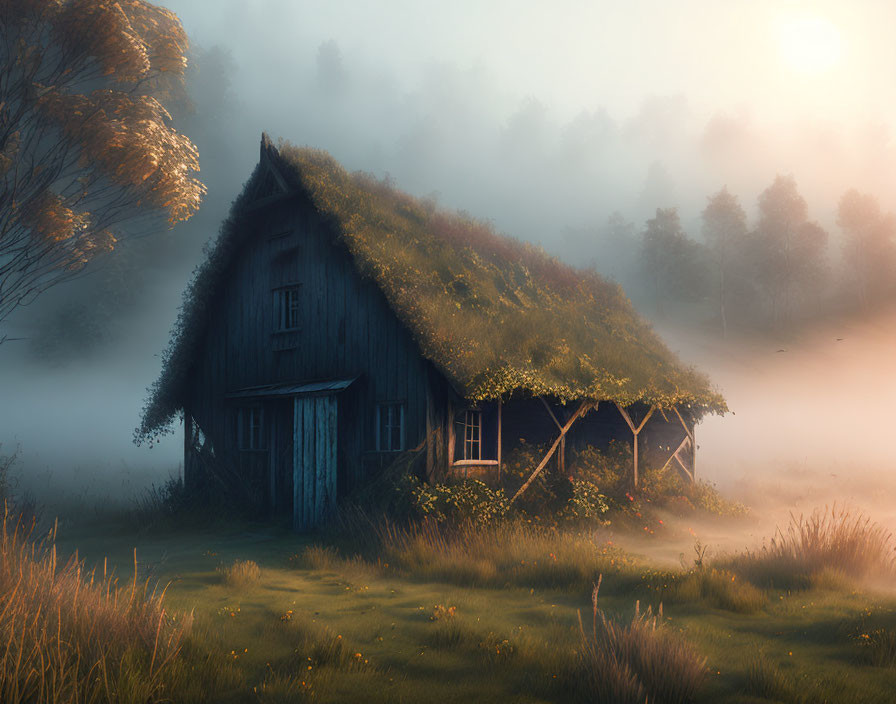 Rustic wooden cabin with mossy roof in golden sunrise and foggy landscape