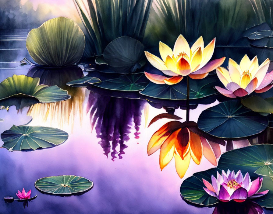 Colorful Watercolor Illustration of Lotus Flowers and Lily Pads on Tranquil Pond