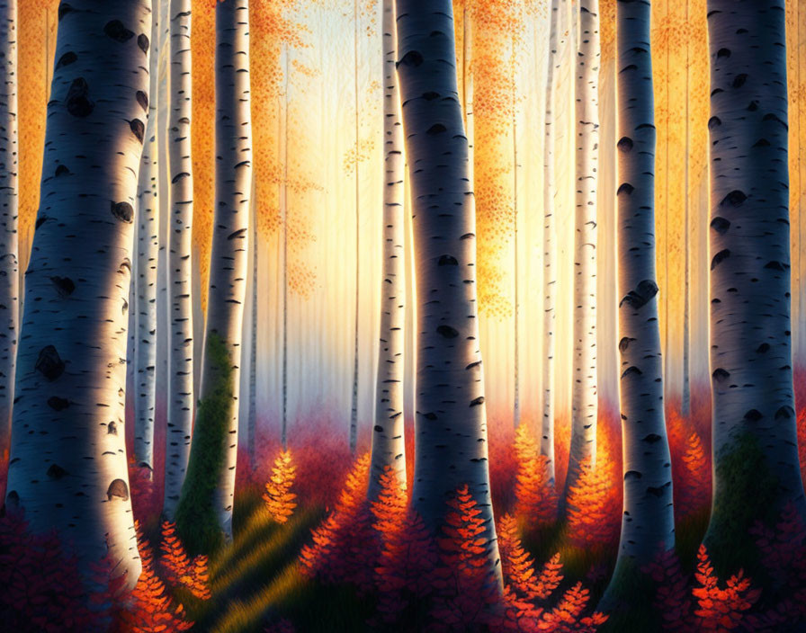 Tranquil birch tree forest with sunlight and red ferns