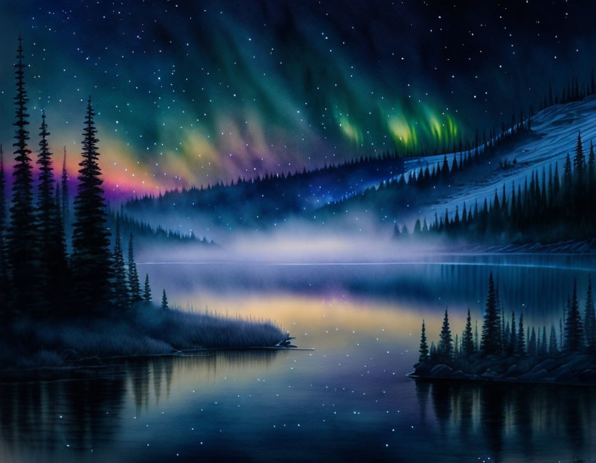 Tranquil night landscape with aurora borealis over lake