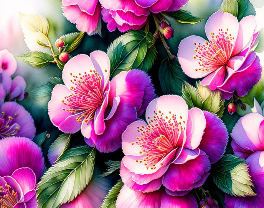 Detailed Botanical Artwork of Pink Flowers with Yellow Stamens