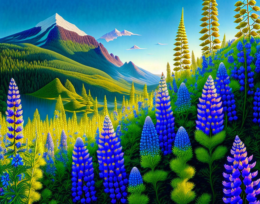 Scenic landscape with blue lupine flowers, green hills, pine trees, and snow-capped mountains