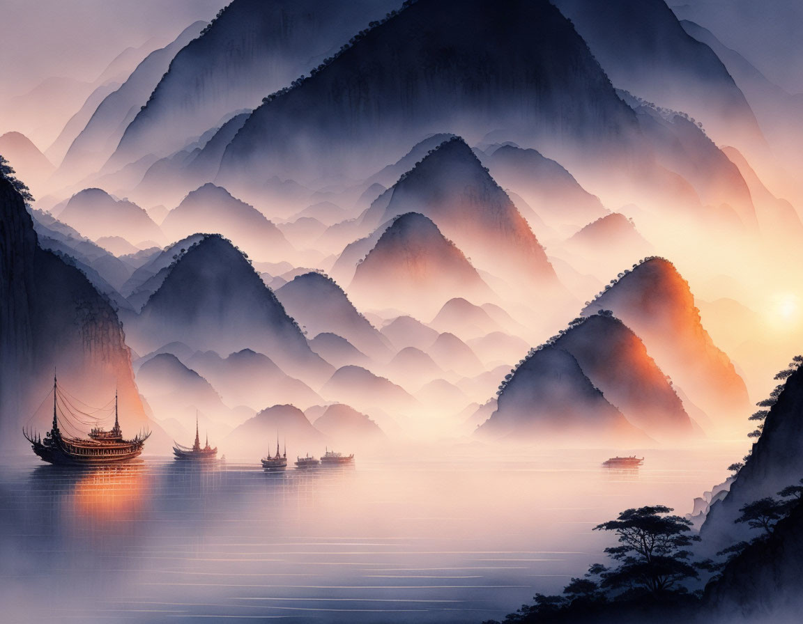 Tranquil misty mountain landscape with river and boats