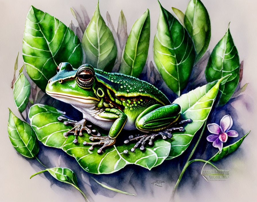 Colorful Illustration: Green Frog on Leafy Foliage with Purple Flower