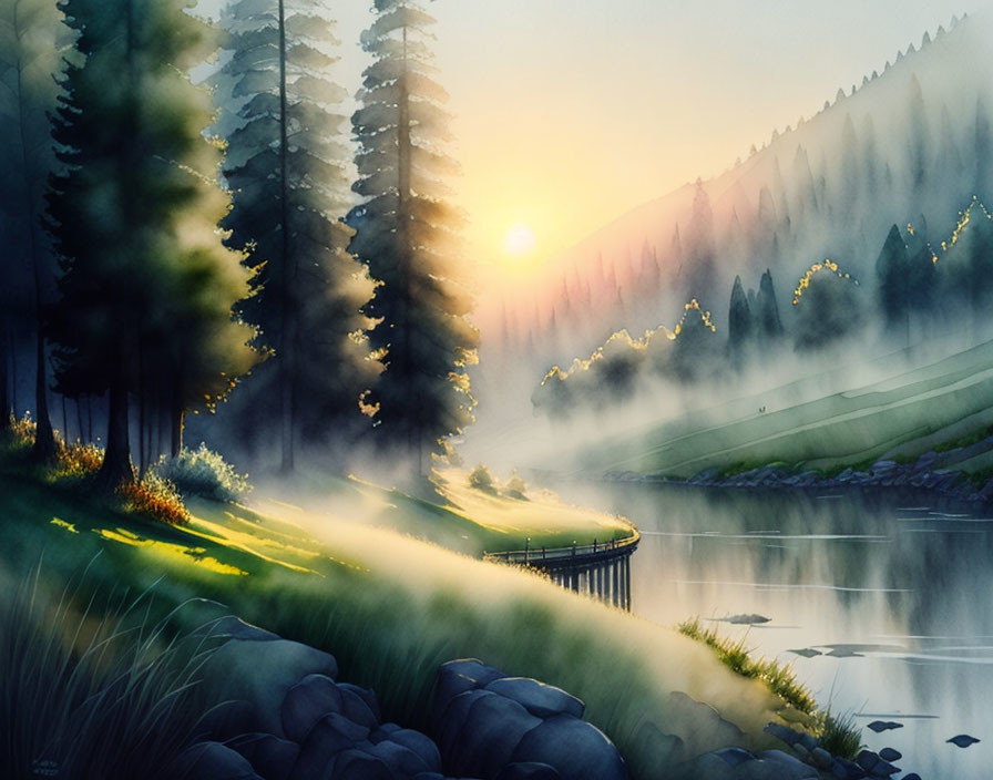 Tranquil sunrise forest scene with misty lake, wooden pier, and sunlight filtering through trees