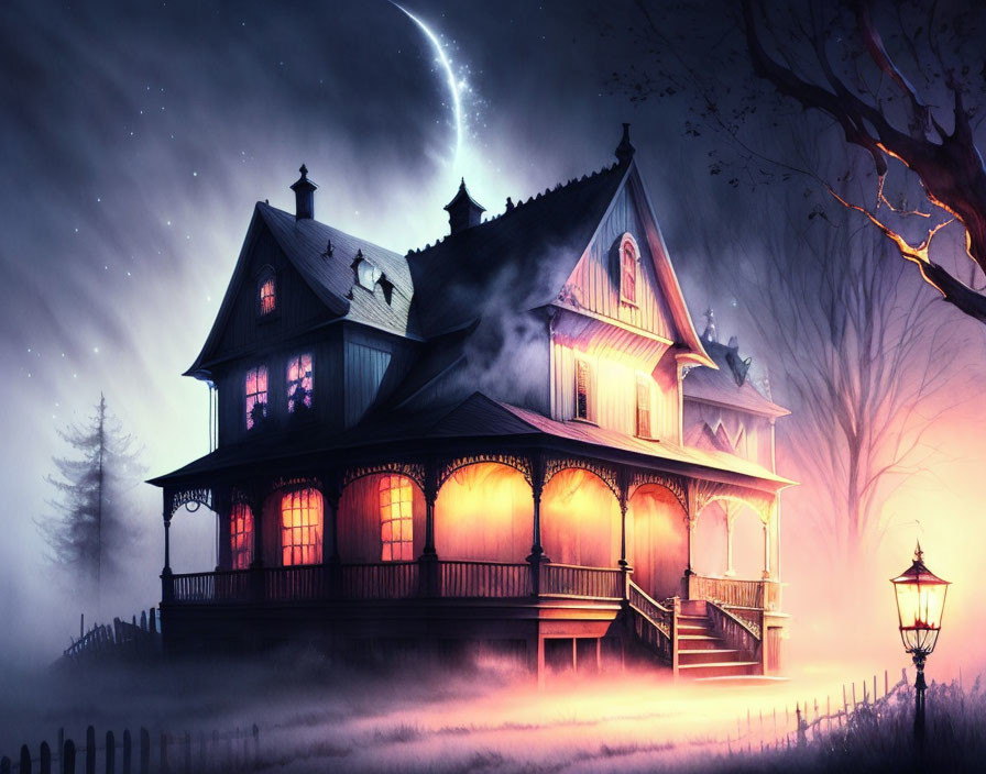 Victorian house in twilight fog with tree silhouette