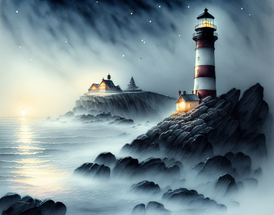 Lighthouse painting: serene cliff scene with starry night sky