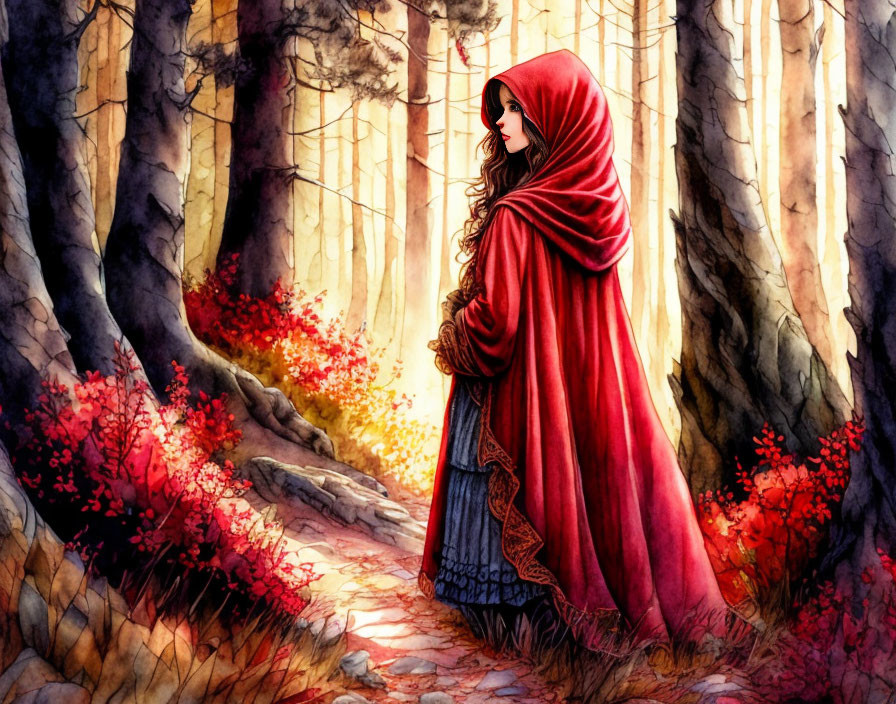 Person in red cloak in sun-dappled forest among tall trees and autumnal underbrush