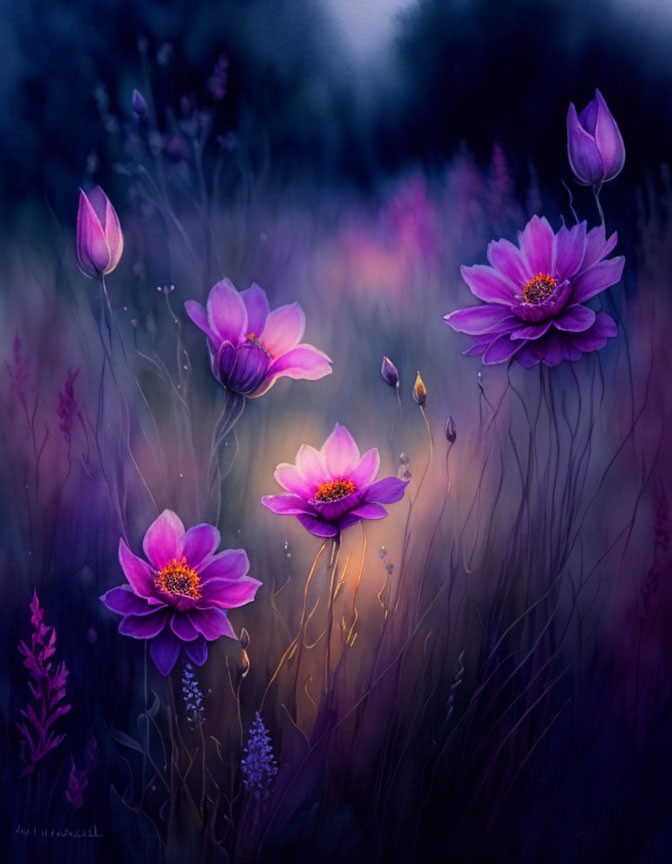 Tranquil purple flowers in twilight-tinted meadow.