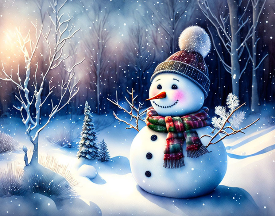 Cheerful snowman in winter landscape with trees and soft blue lighting