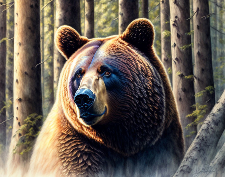 Realistic digital painting of a brown bear in forest