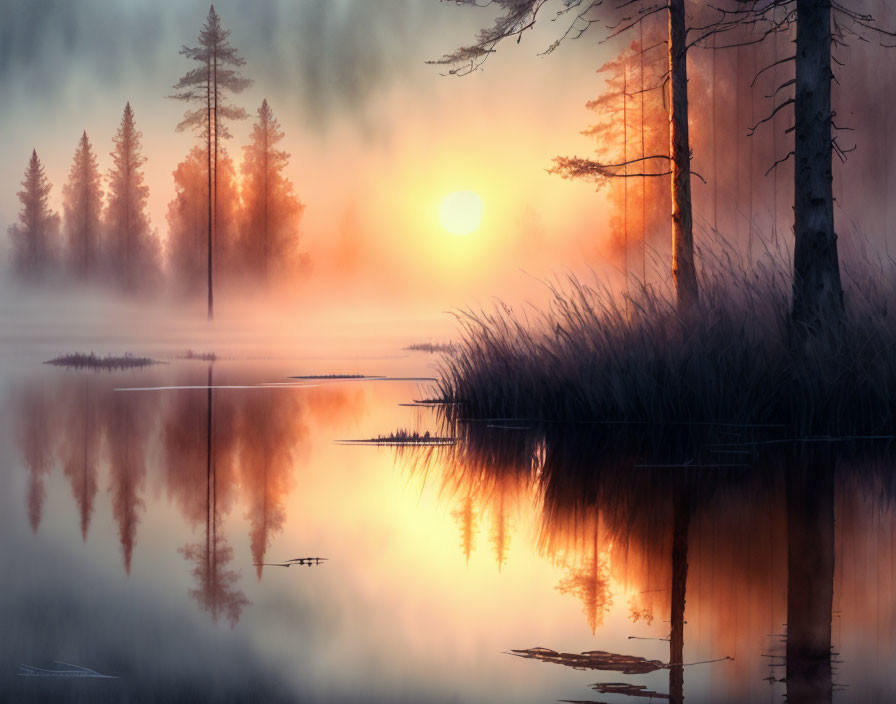 Misty Sunrise Scene: Tranquil Lake Reflections