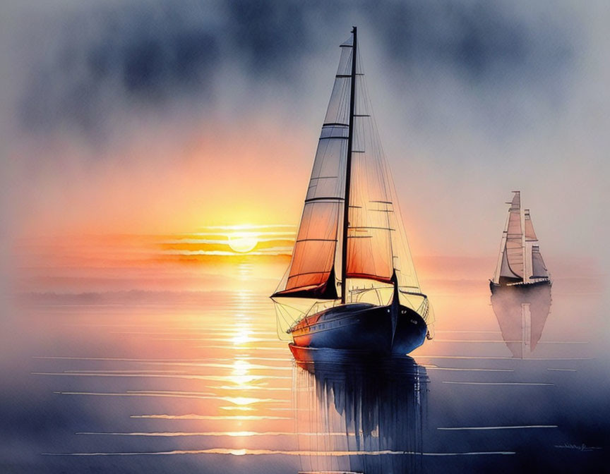 Sailboats on calm water at sunset with reflections