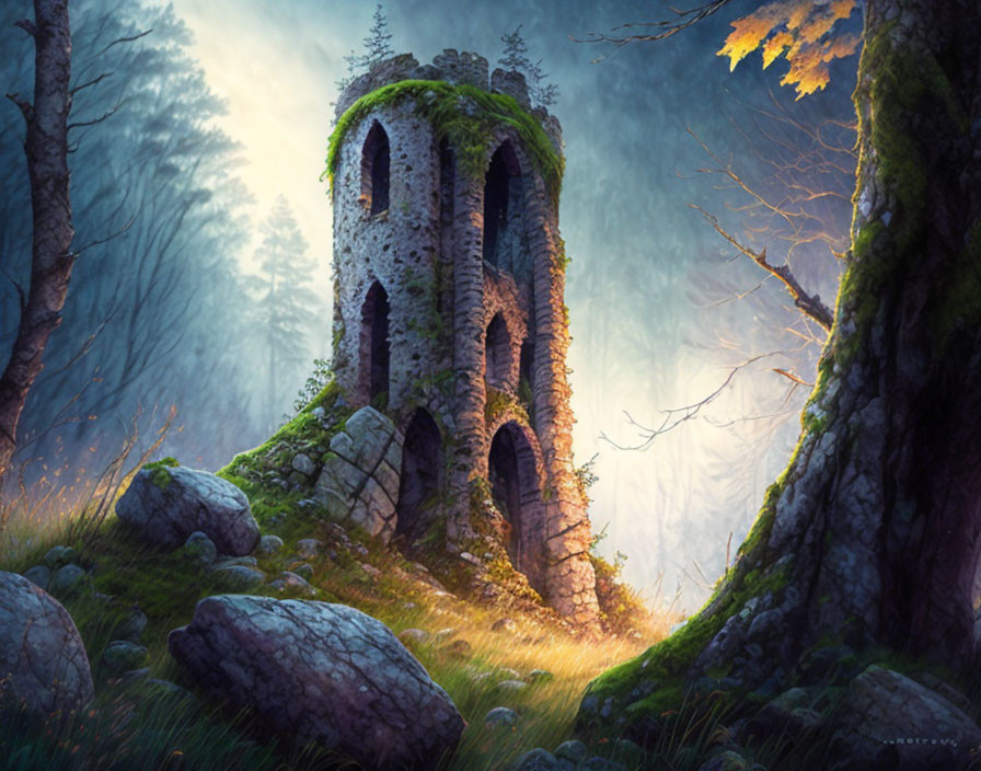 Moss-covered ancient tower in mystical forest with sunlight piercing through foliage