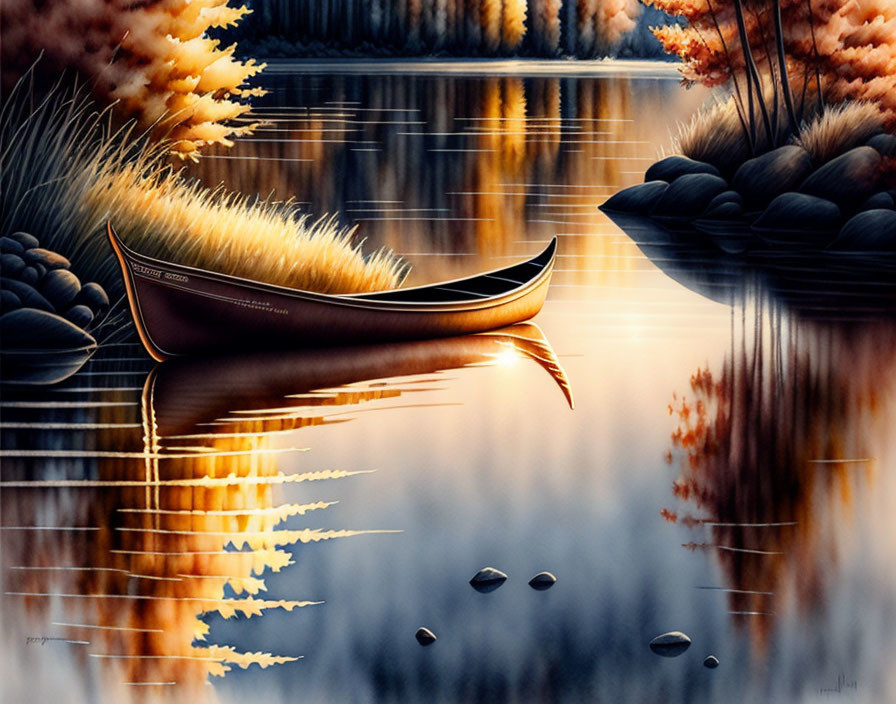 Tranquil autumn canoe painting with sunset reflections