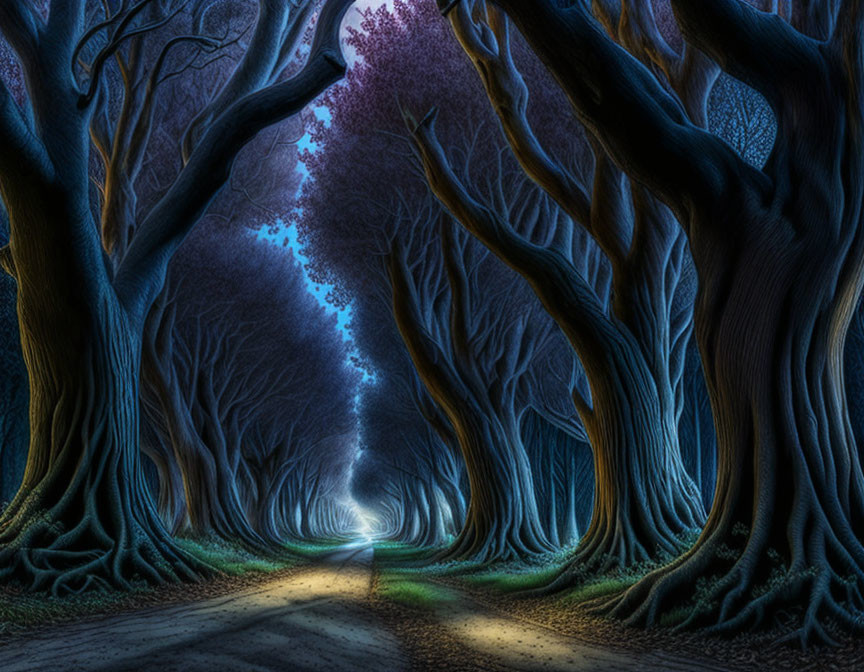 Twisted trees in mystical forest path with luminous blue glow