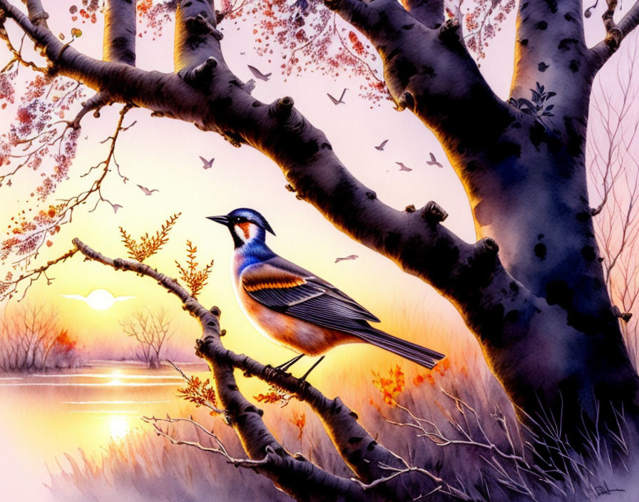 Colorful Bird Perched on Branch at Serene Sunset