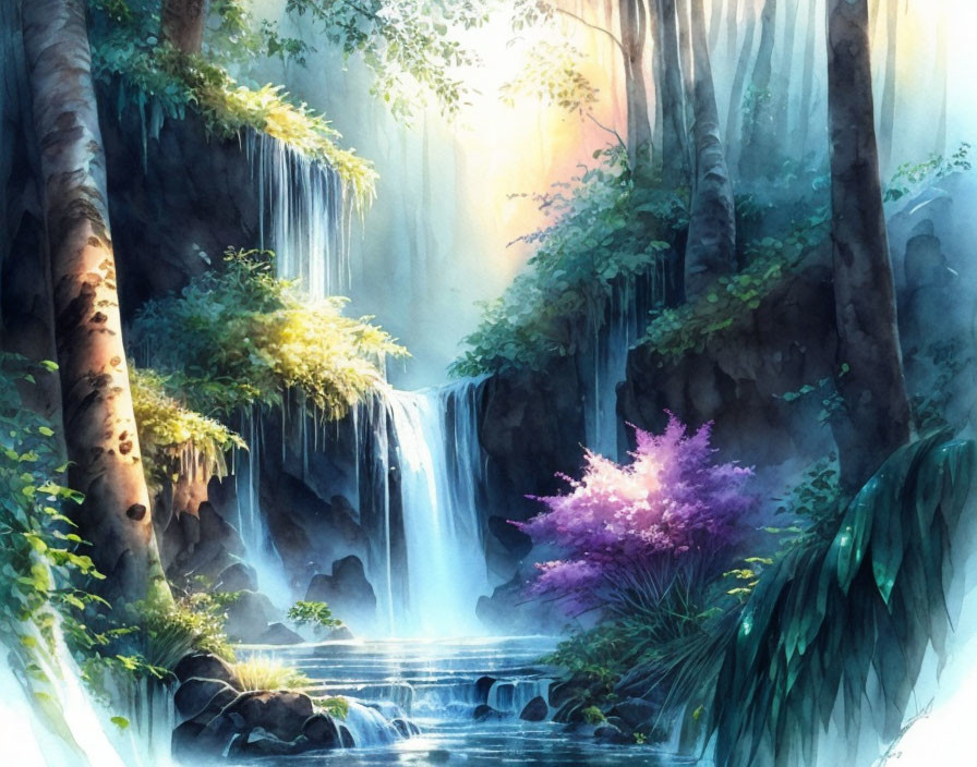 Tranquil forest waterfall with sunlight filtering through green foliage