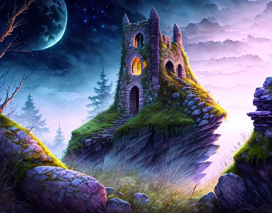 Moonlit ruins on cliff with warm light and starry sky