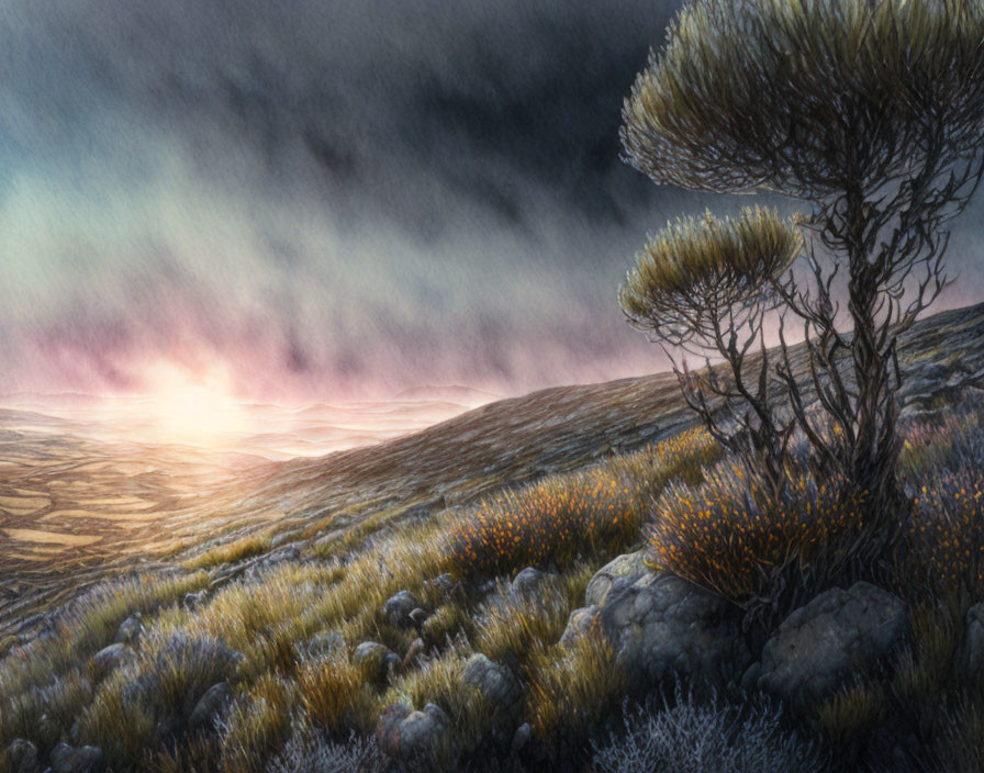 Tranquil twilight landscape with twisted tree in wild grass field