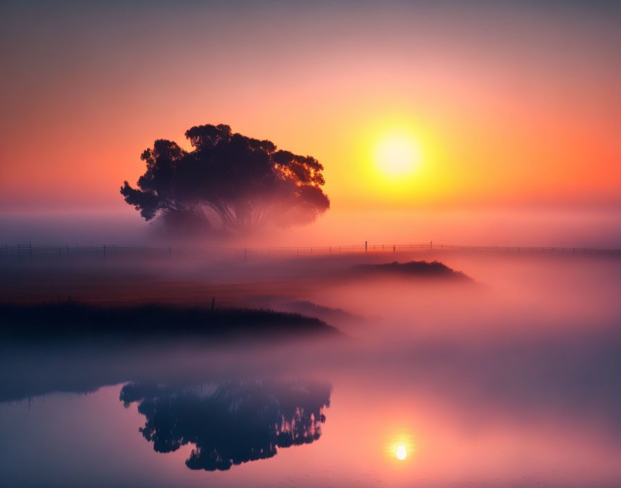 Tranquil sunrise scene with orange sky, lone tree silhouette, misty lake, and fence.