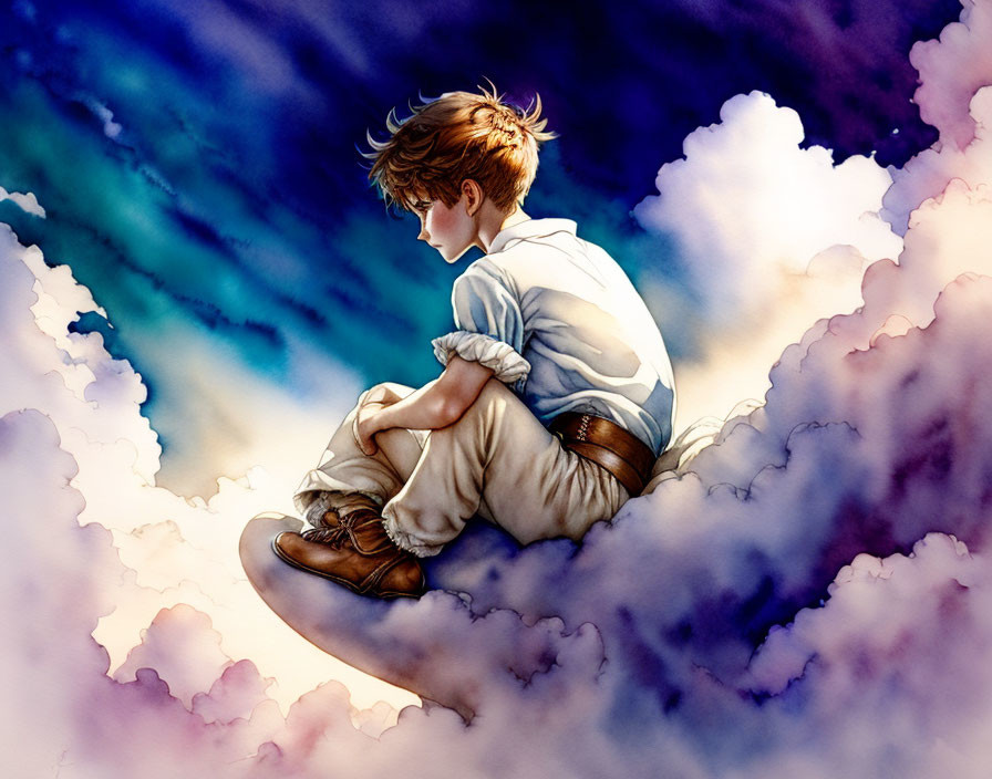 Young boy sitting on fluffy clouds in vivid blue sky with soft purple hues