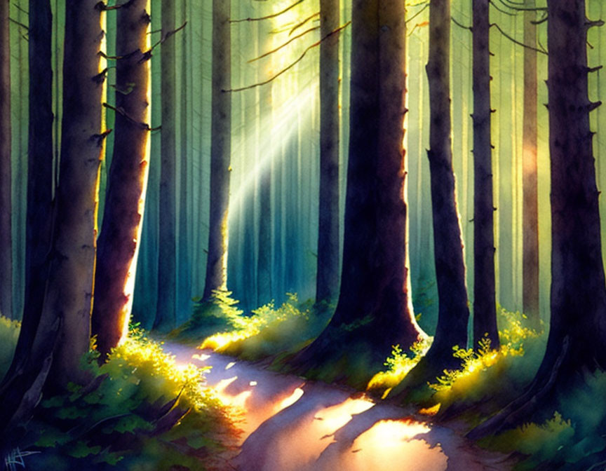 Sunlit Forest Path with Tall Trees and Magical Glow