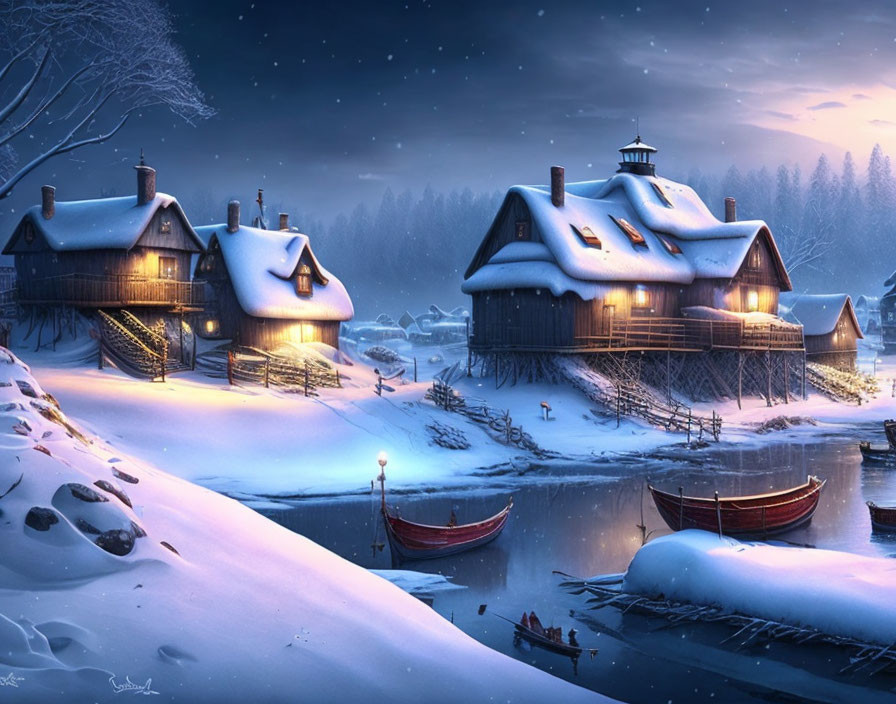 Winter village scene with snow-covered houses, frozen river, boats, streetlamp, and falling snowfl