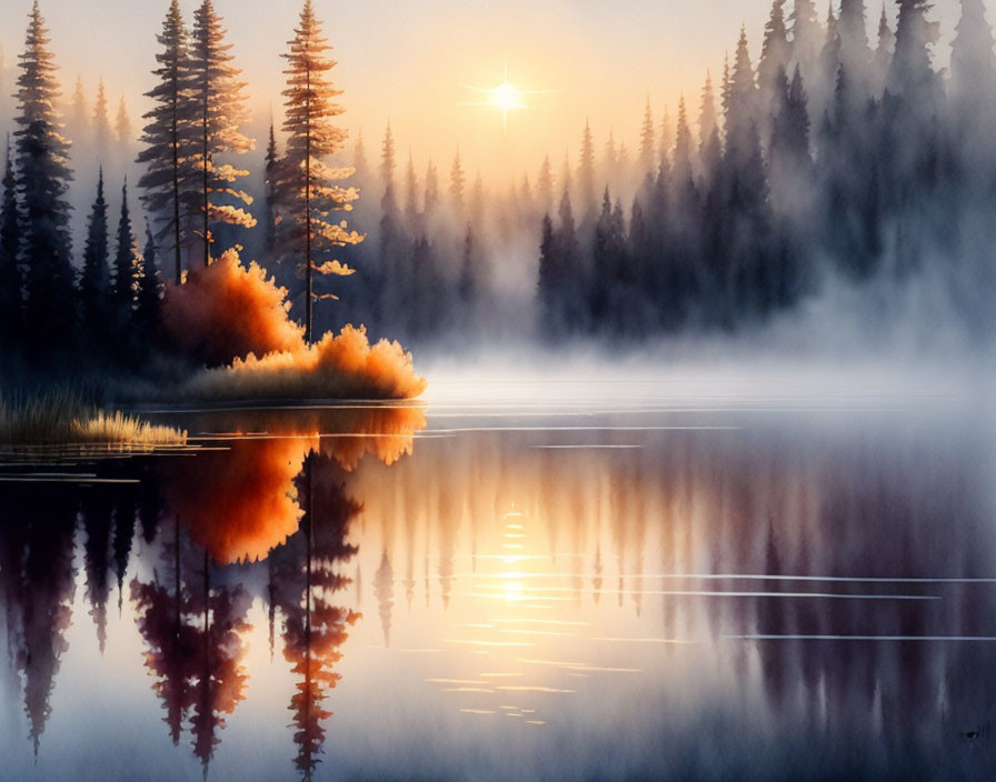 Tranquil sunrise scene with misty lake and mirrored reflections